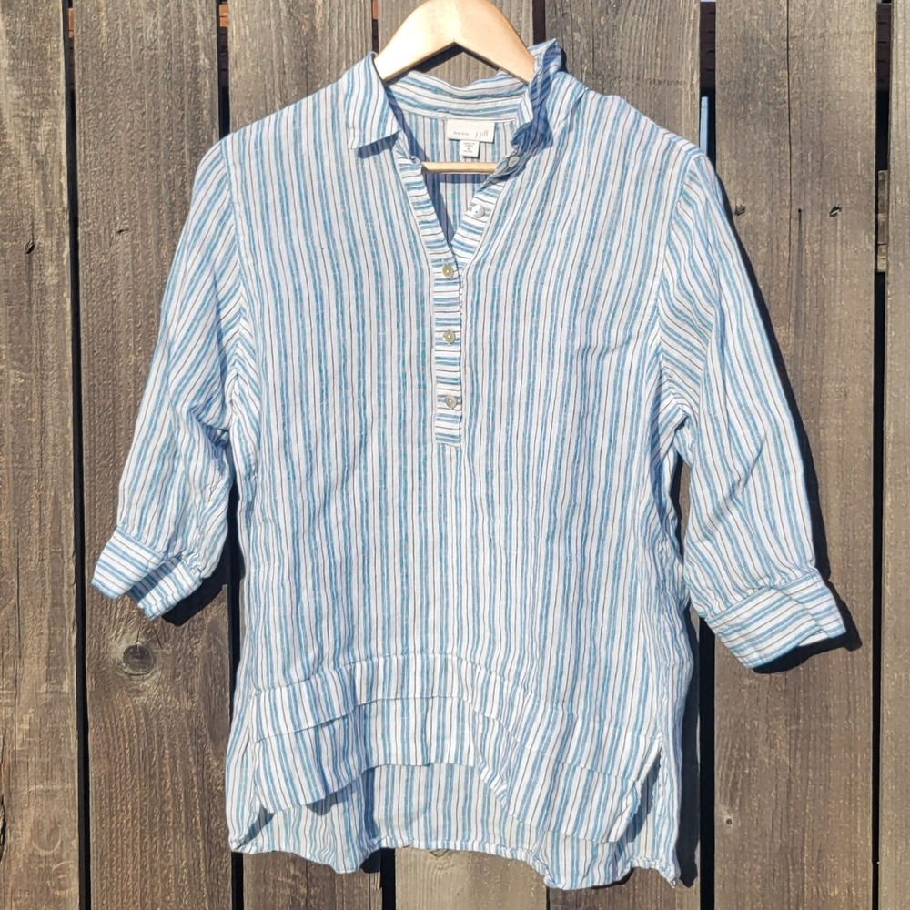 J. Jill Love 100% Linen Striped Tunic Blue White Button Front Petite Med Boho